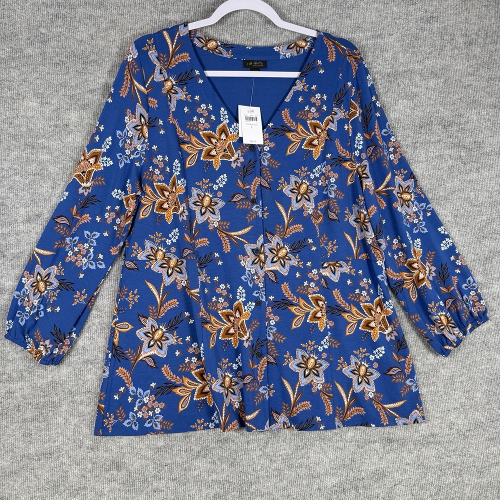 J Jill Size-L Womens Tunic Top Floral Blue Button Front Long Sleeve